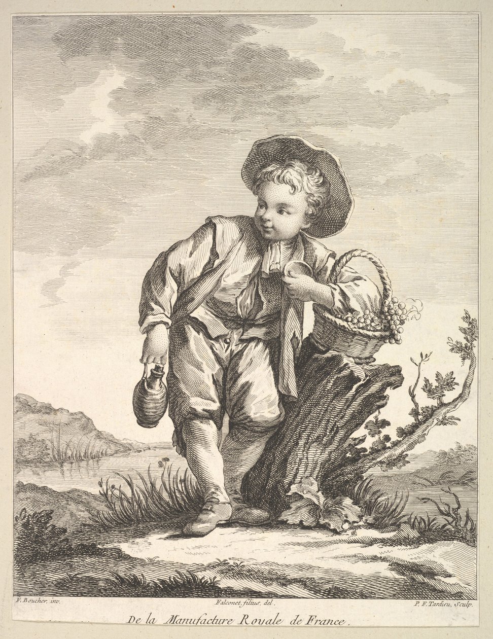 Mały chłopiec trzymający kosz winogron, z II Księgi Figur po po..., po 1757 r. autorstwa Pierre François Tardieu