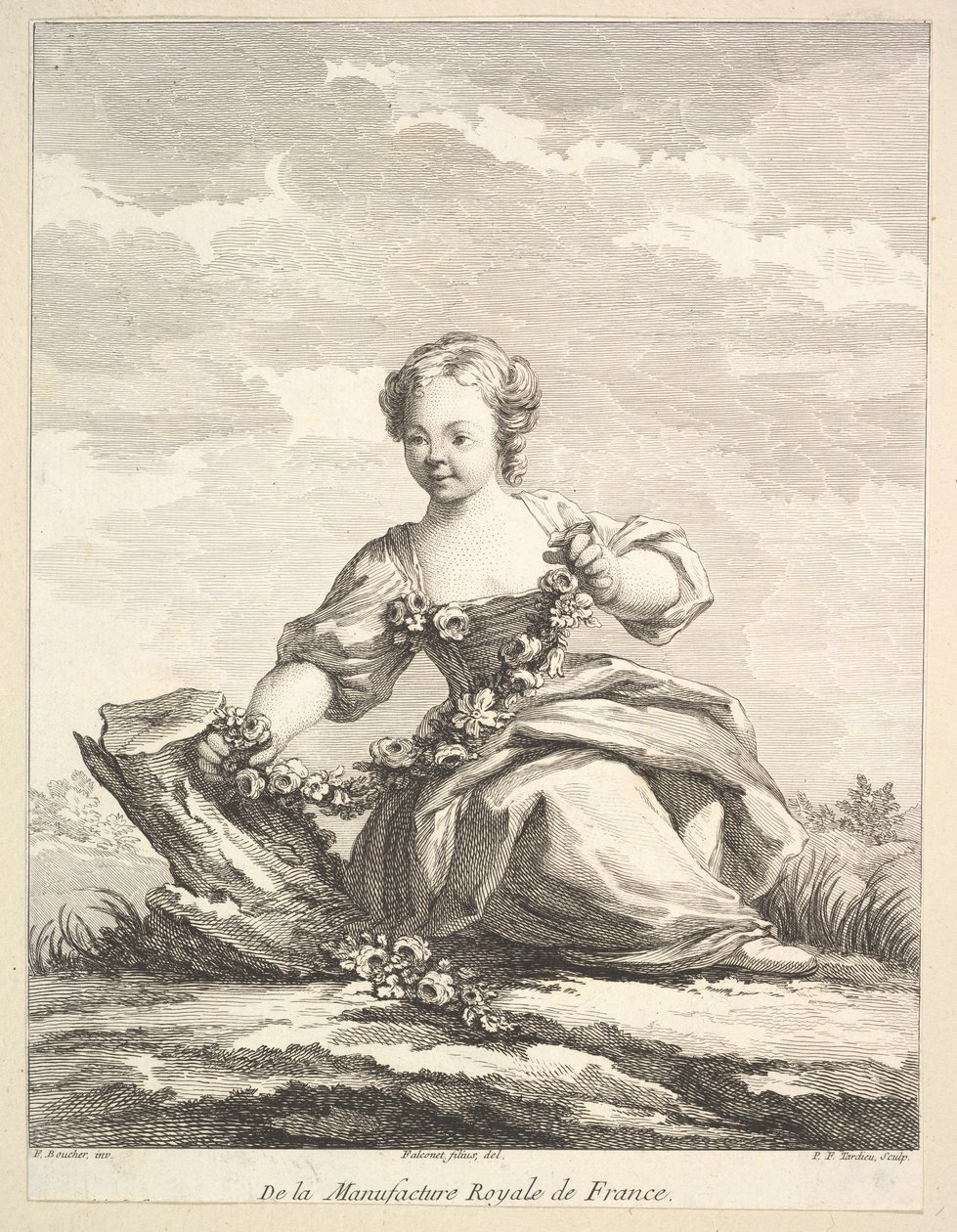 Dziewczynka trzymająca wianek z kwiatów, z II Księgi Figur po..., po 1757 r. autorstwa Pierre François Tardieu