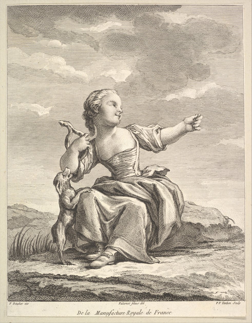Dziewczynka bawiąca się z psem, z II Księgi Figur po porcelanie..., po 1757 r. autorstwa Pierre François Tardieu
