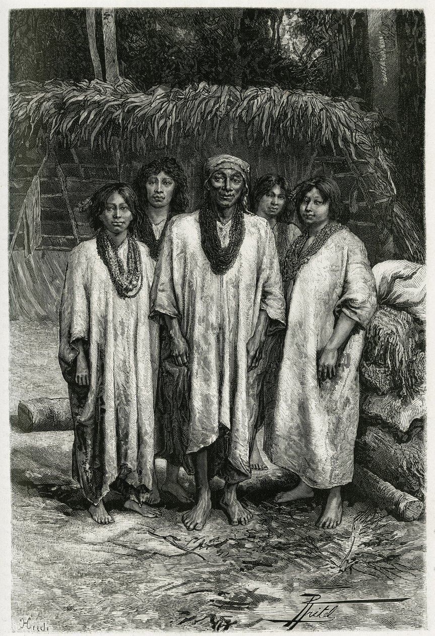 Główne typy Lacandon i Lacandon, Majowie żyjący w dżunglach Chiapas (Meksyk). Grawer P.Fritela, ilustrujący opowieść „Podróż na Jukatan i do krainy Lakandonów”, 1882, autorstwa Desire Charnay (1828-1915) archeologa i fotografa autorstwa Pierre Fritel