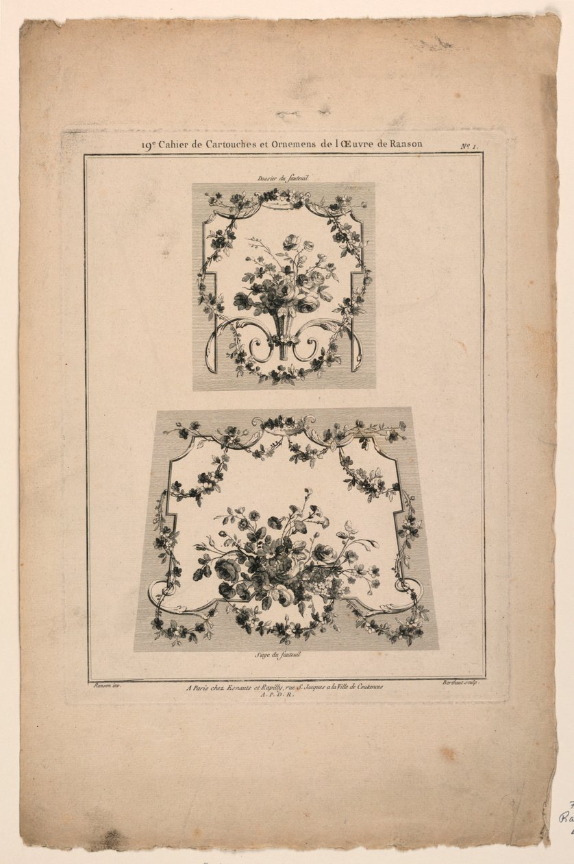 Wzory siedzisk krzeseł gobelinowych, płyta 1 z „Cahier de Cartouches et Ornemens de l