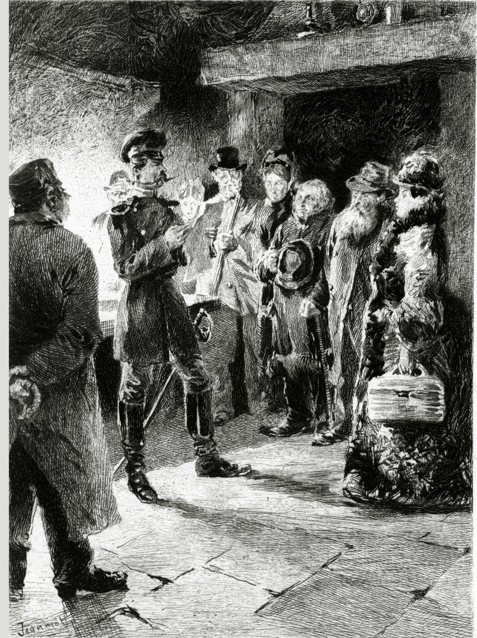 Niemiecki oficer prosi Boulle de Tallow w zamian za uwolnienie wszystkich pasażerów, którzy zostali zatrzymani przy staranności. W „Kula z łoju” Guy de Maupassant (1850-1893). Ilustracja PG Jeanniota (1848-1934). Opublikowano w Ollendorff i autorstwa Pierre Georges Jeanniot
