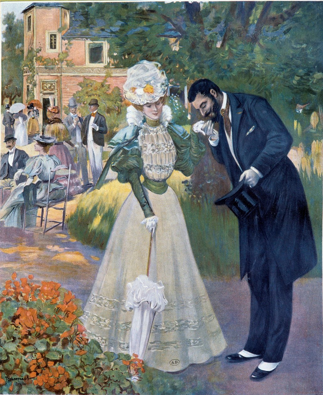 Belle epoque: „Seks z ręki”: mężczyzna witający kobietę na przyjęciu. Ilustracja Jeanniota do „Le Figaro illustrious”” Początek XX wieku Paryż, Sztuka dekoracyjna autorstwa Pierre Georges Jeanniot
