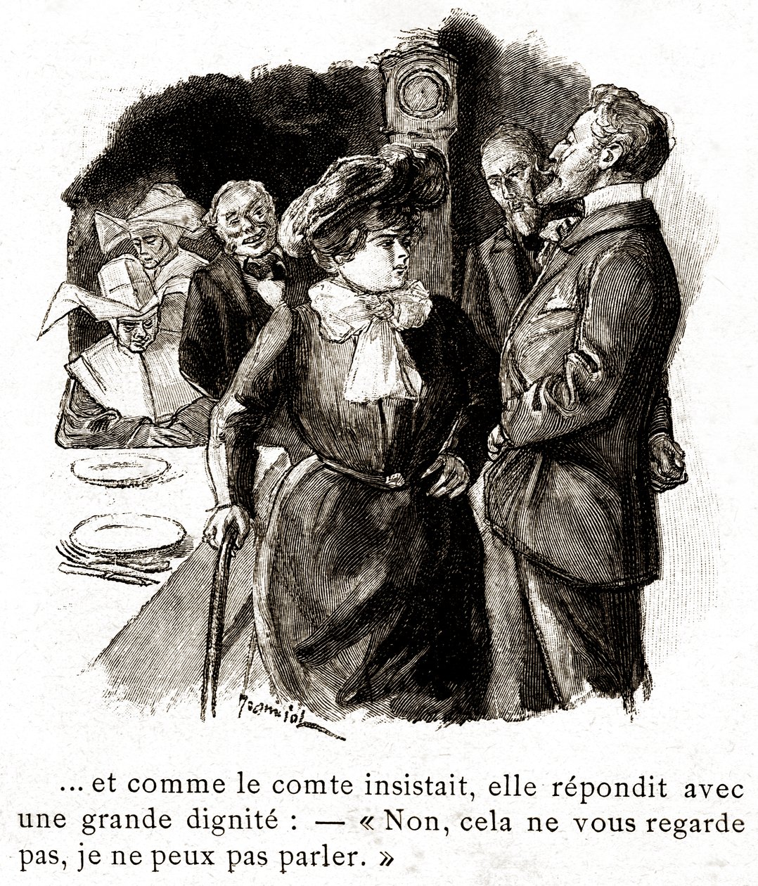 "Boule de Suif": Elisabeth Rousset odmawia odpowiedzi hrabiemu, początek XX wieku (ilustracja) autorstwa Pierre Georges Jeanniot