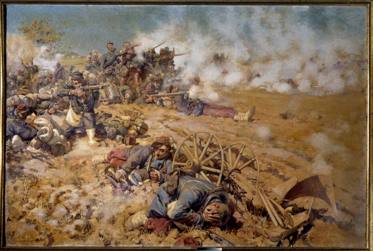 Wojna 1870 r.: „”Linia ognia w bitwie pod Rezonville 16 sierpnia 1870 r.”” Obraz Pierre Georges Jeanniot (1848-1934) 1886 nd. 2x3 m Pau, Muzeum Sztuk Pięknych - Wojna 1870: Linia ognia w bitwie pod Rezonville, 16 sierpnia autorstwa Pierre Georges Jeanniot
