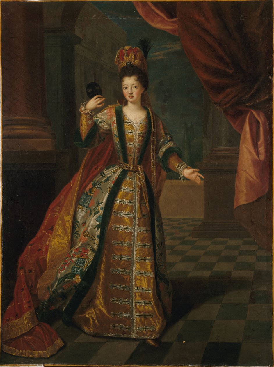 French: Portrait présumé de Mademoiselle de Nantes (Louise-Françoise de Bourbon, 1673-1743), en costume de bal autorstwa Pierre Gobert