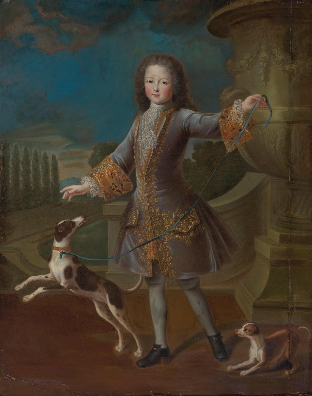 Ludwik XV Francji (1710-1774) Z dwoma psami (olej na płótnie) autorstwa Pierre Gobert