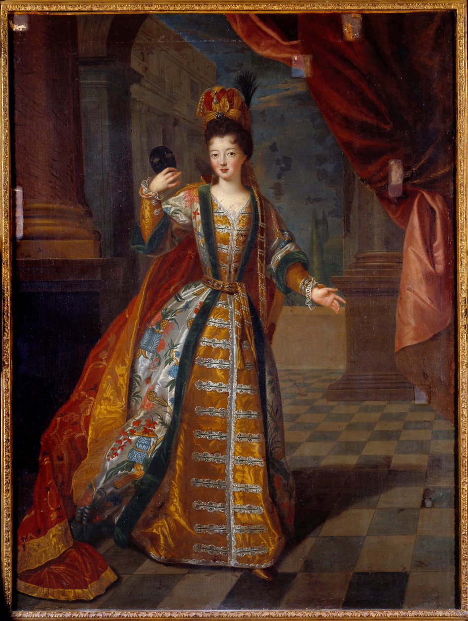 Arogancki portret Mademoiselle de Nantes (Louise Francoise de Bourbon 1673-1743), córki Ludwika XIV i Francoise Athenais (Francoise-Athenais) autorstwa Rochechouarta Mortemarta, markizy Montespan (lub Madame de Montespan) (1640-1707), w kostiumie promowym autorstwa Pierre Gobert