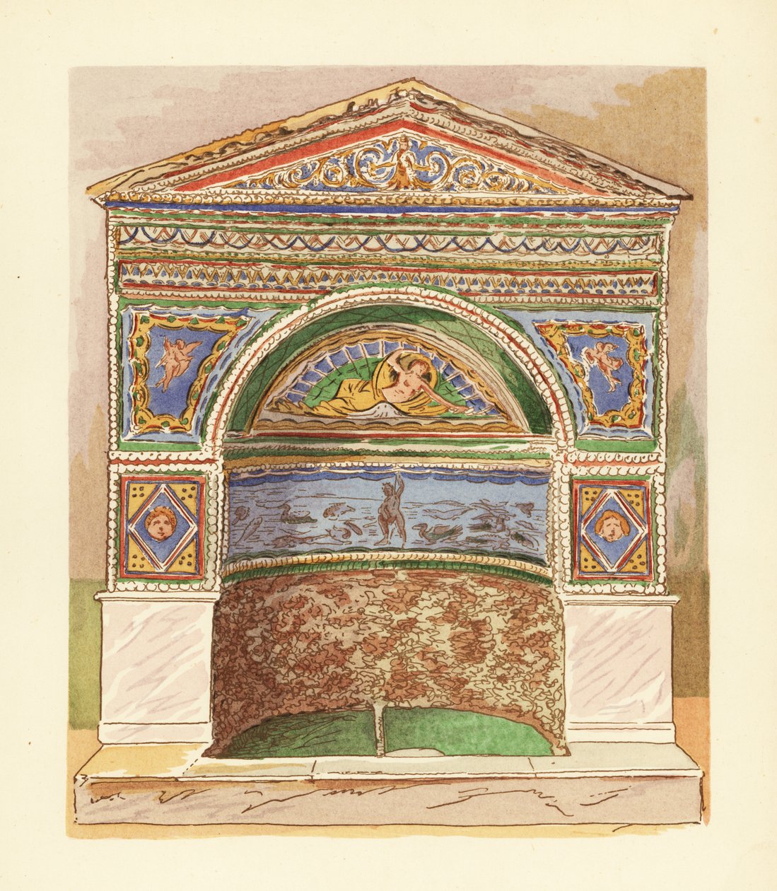 Emaliowana mozaika fontanna w Domu Niedźwiedzia lub Casa dell’ Orso Ferito, Pompeje autorstwa Pierre Gusman