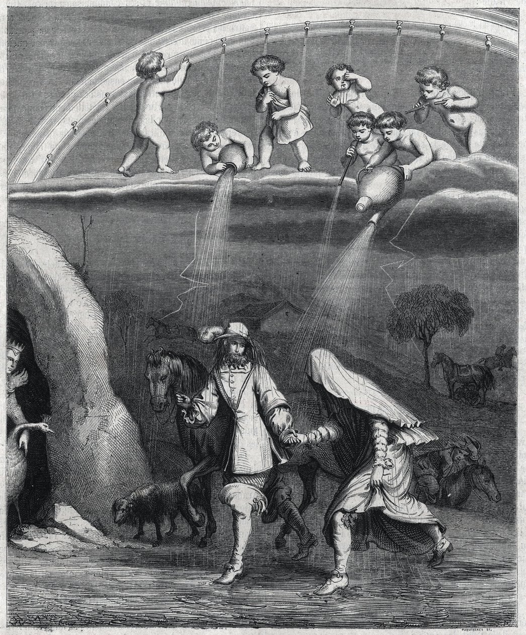 Enee i Didon zaskoczeni deszczem w lesie. Ilustracja „”Transwestyty Wergiliusza”” Paula Scarrona (1610-1660), parodia „L