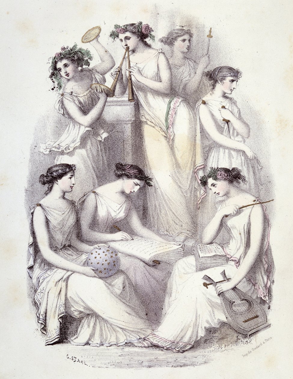 Geniusze Olimpu - w „”Les Femmes mitologiques””, rysunki G. Staala, Mery i Cte Foelix, red. G. de Gouet autorstwa Pierre Gustave Eugene Staal