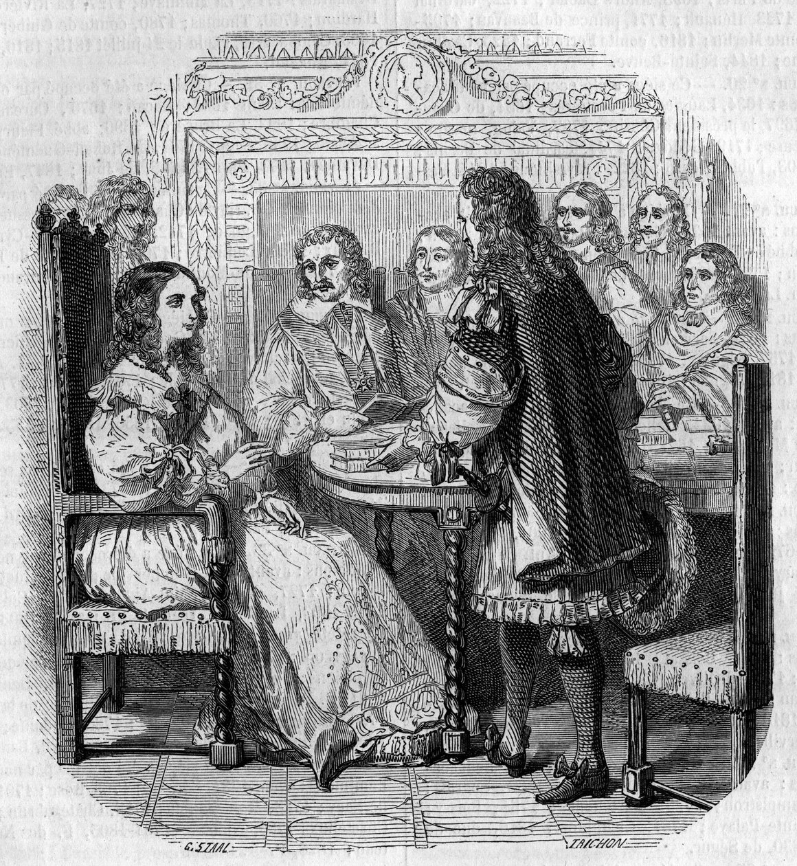 Wizyta królowej Krystyny Suede (1626-1689) w Academy Francaise w Paryżu w obecności kardynała Richelieu Grawerowanie G. Staala autorstwa Pierre Gustave Eugene Staal