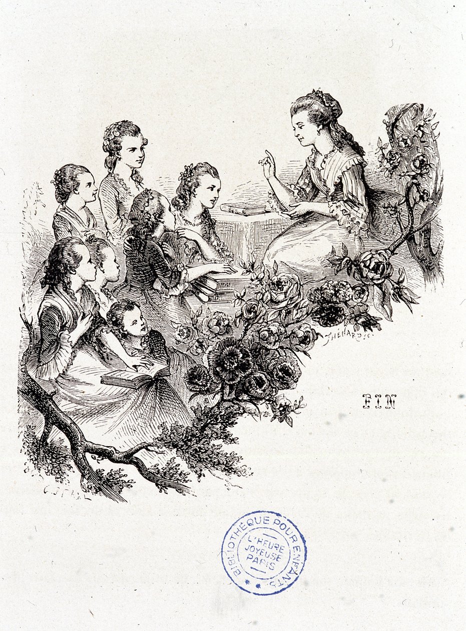 Młoda gospodyni opowiadająca bajkę grupie dzieci – w „Le magasin des enfants” pani Leprince de Beaumont, il. Staal, Garnier autorstwa Pierre Gustave Eugene Staal
