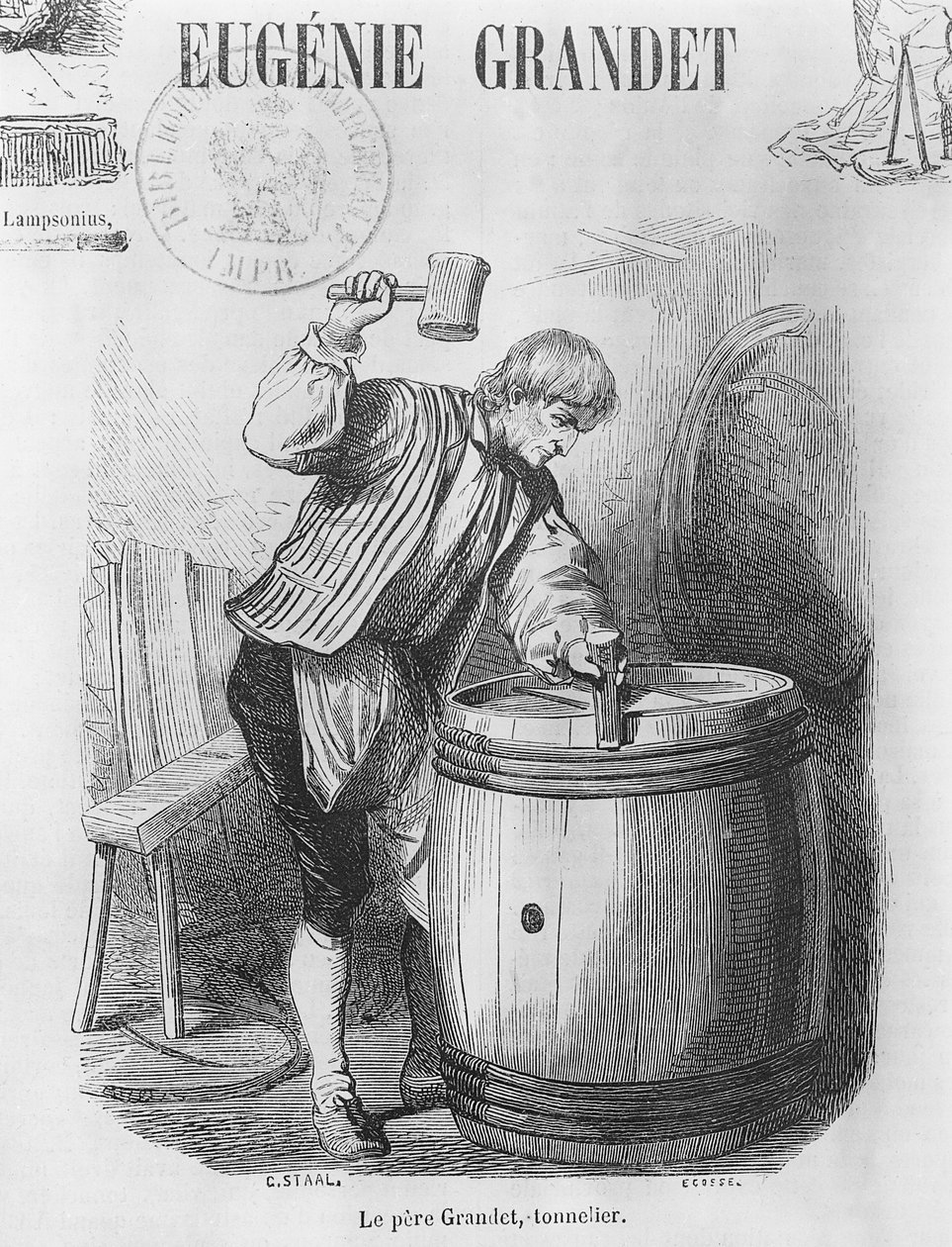 Ojciec Grandet, Bednarz, ilustracja z „Eugenie Grandet” Honore de Balzac (1799-1850) autorstwa Pierre Gustave Eugene Staal
