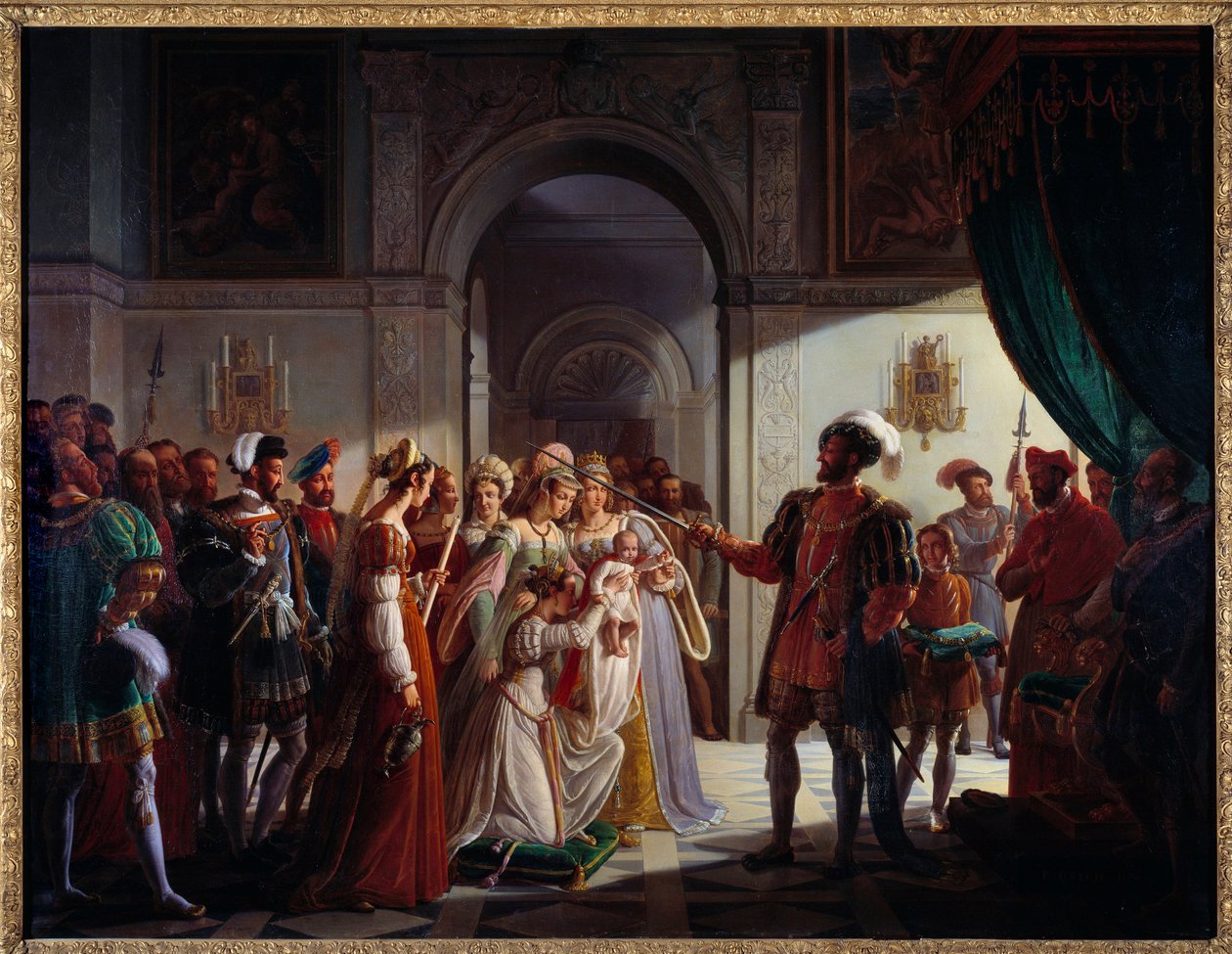 Franciszek I (1494-1547) uzbrojony rycerz, jego wnuk Franciszek II (1544-1560). Młodemu księciu towarzyszą jego rodzice Henryk II (1519-1559) i Katarzyna Medycejska (Caterina de Medici) (1519-1589). Obraz Pierre Henri Revoil (1776-1842) autorstwa Pierre Henri Revoil