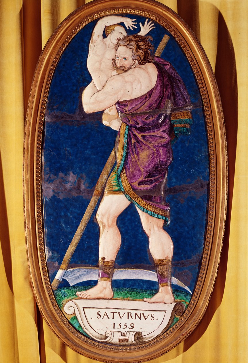 Tablica przedstawiająca Saturna, z zamku w Madrycie, Neuilly, 1559 (malowana emalia) autorstwa Pierre I Courteys