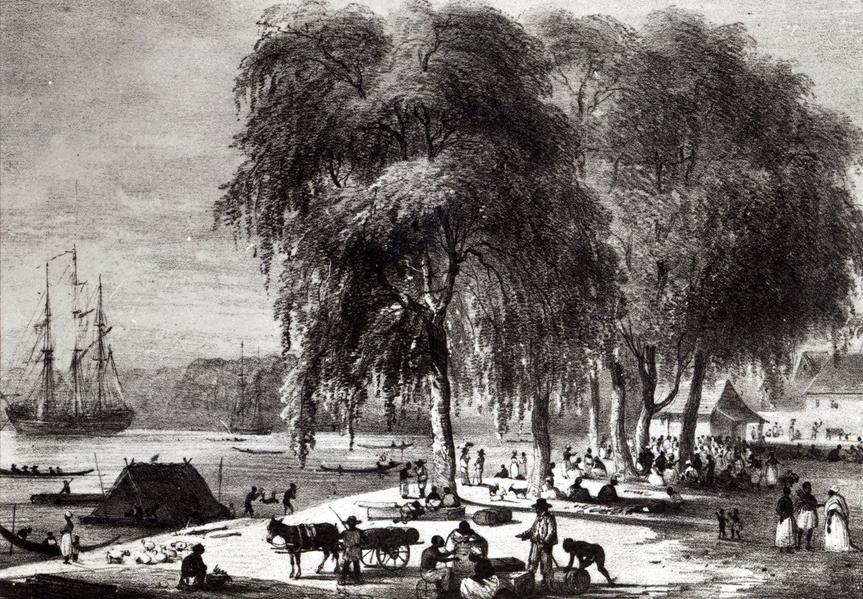 Targ rybny, Paramribo, z „Podróży do Surinamu” autorstwa Pierre J. (after) Benoit