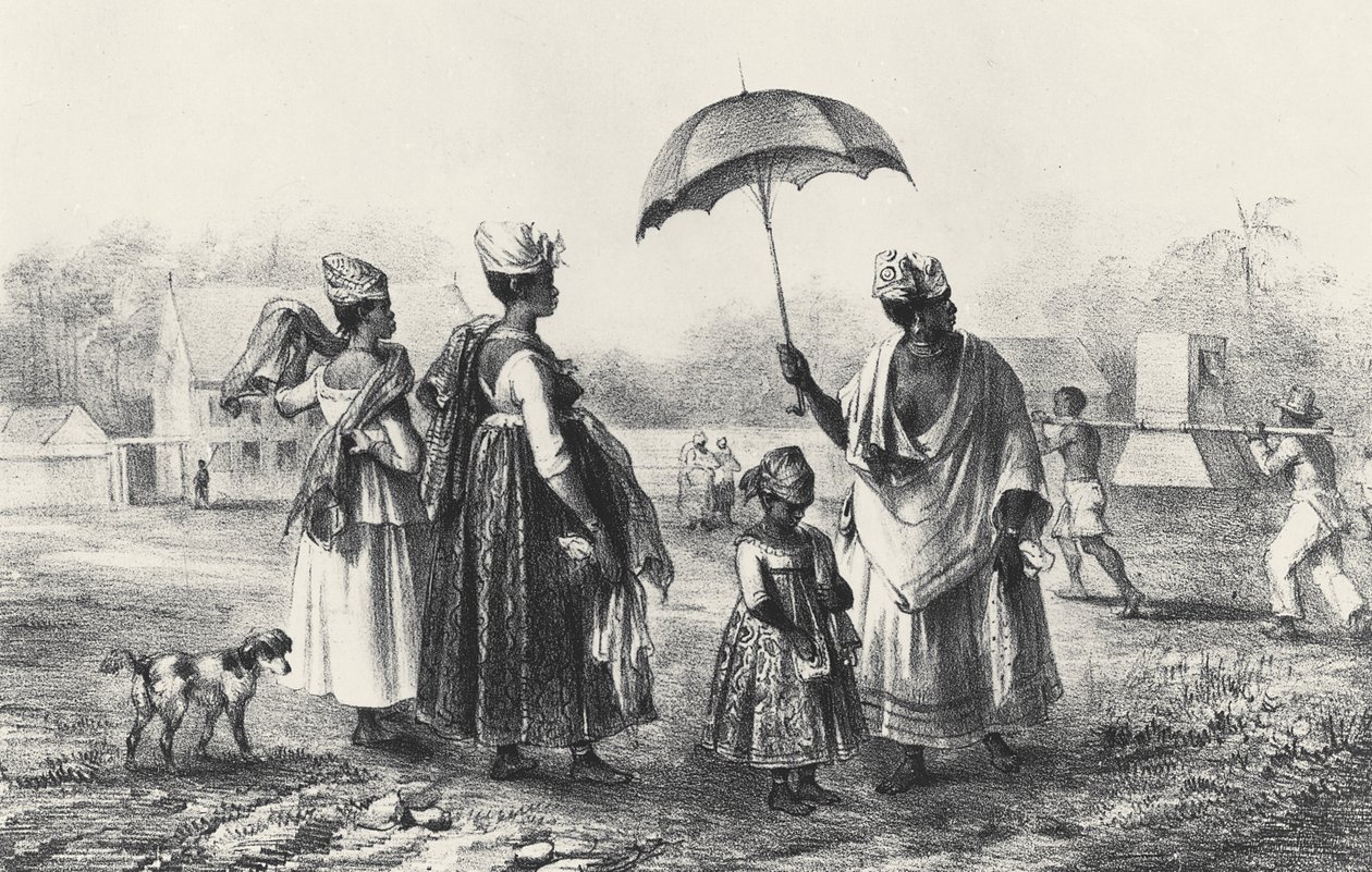 Handlarze niewolników z dziećmi, z „Podróży do Surinamu”, 1839 (lito) (zdjęcie czarno-białe) autorstwa Pierre J. (after) Benoit