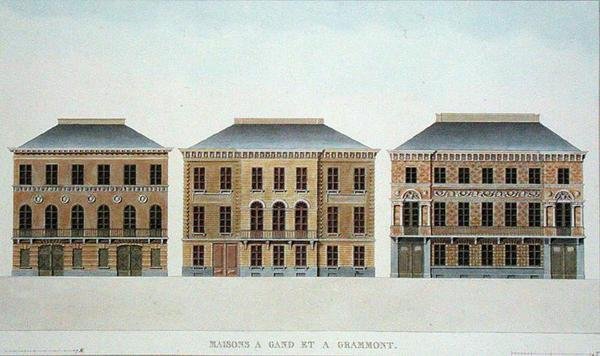 Domy w Gandawie i Grammont, Belgia, z "Choix des Monuments, Edifices et Maisons les plus remarquables du Royaume des Pays-Bas" Pierre