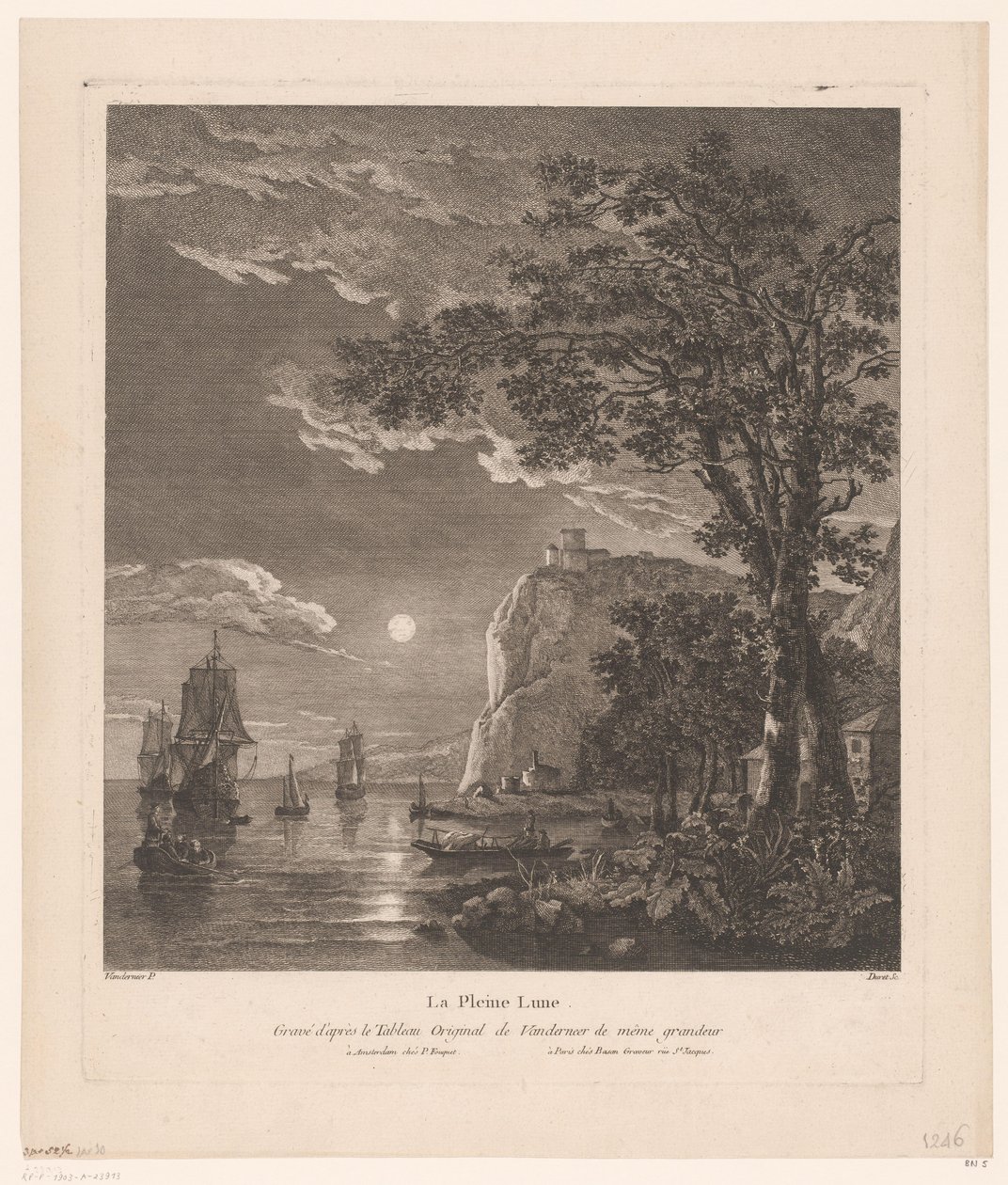 Nocny krajobraz ze statkami na wybrzeżu La Pleine Lune. (tytuł na obiekcie) autorstwa Pierre Jacques Duret