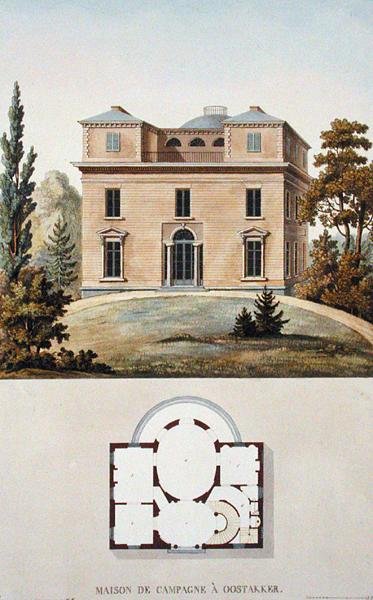 Country House w Oostakker, Belgia, z „Choice of the Most Outstanding Monuments, Buildings and Houses of the Kingdom of the Netherlands” Pierre Jacques Goetghebuer, opublikowany 1827 (akwatinta) autorstwa Pierre Jacques Goetghebuer