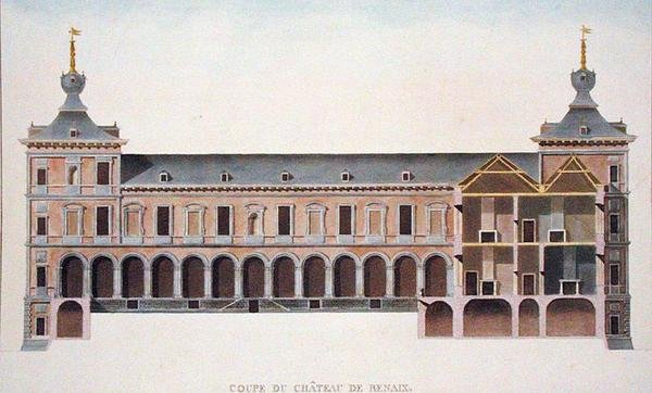 Przekrój zamku w Ronse, Belgia, z „Wybór najbardziej niezwykłych zabytków, budynków i domów Królestwa Niderlandów” Pierre