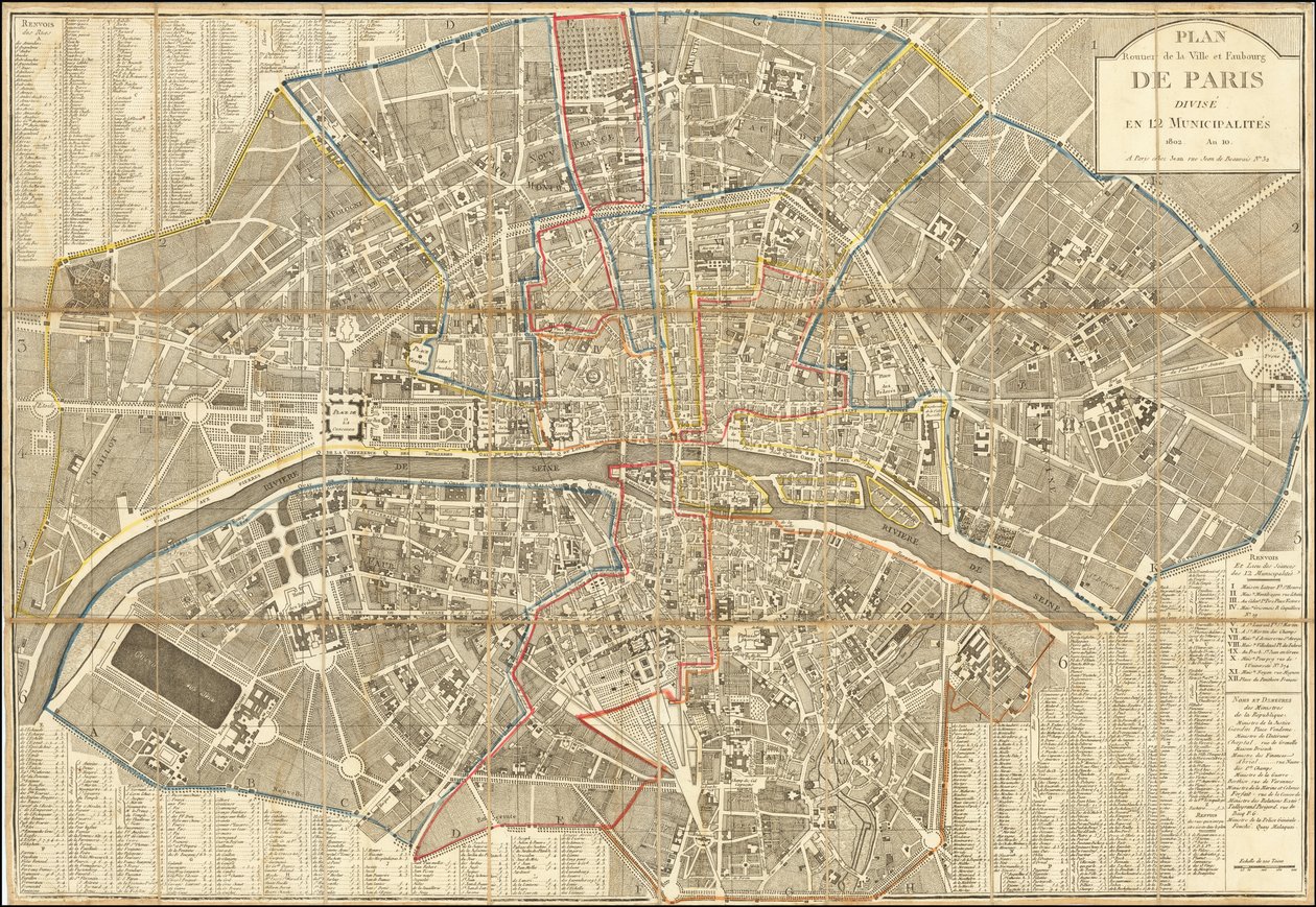 Mapa z 1802 roku - Plan Routier de la Ville et Faubourg de Paris Divise en 12 Municipalities autorstwa Pierre Jean