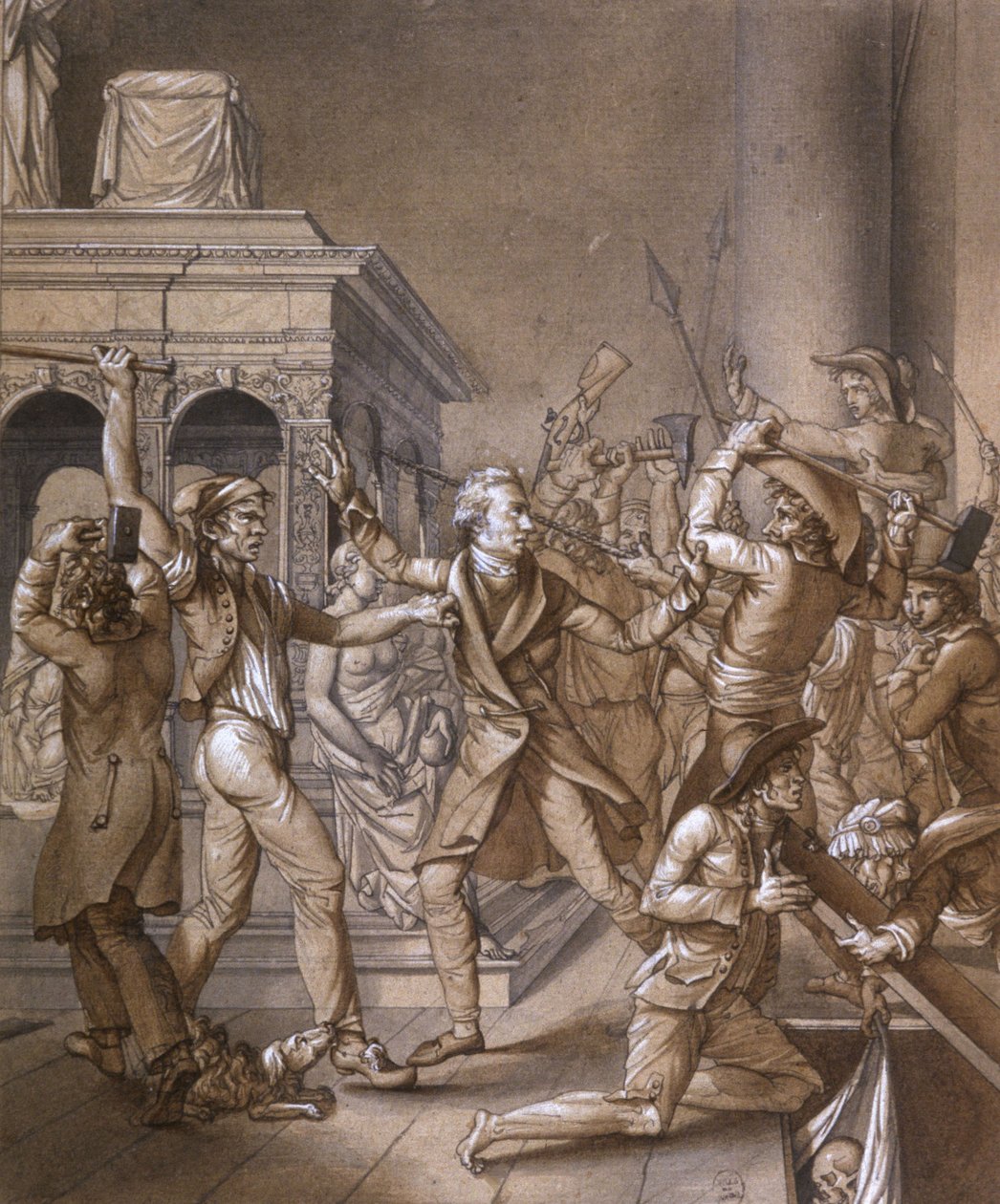 Alexandre Lenoir sprzeciwiał się rewolucjonistom, gdy chcą zniszczyć grób króla Francji Ludwika XII w bazylice królewskiej Saint Denis w 1793 r., w czasie rewolucji francuskiej autorstwa Pierre Joseph Lafontaine