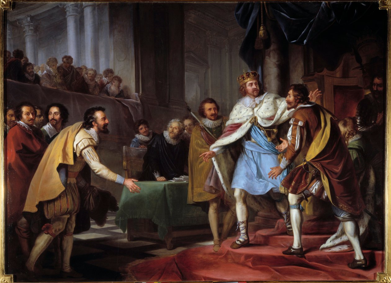 Ambasada Maksymiliana z Bethune, księcia Sully (1560-1641) u króla Jakuba I Stuarta w 1603 r. Ambasador króla Francji Henryk IV przyszedł do targów z nowym królem Anglii i nazwał go Hampton Court w dniu 9/09/1603 . Obraz Pierre