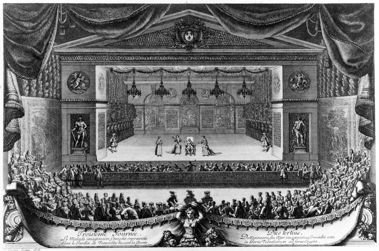Dzień trzeci: Le Malade imaginaire (Molière), komedia reprezentowana w Ogrodzie Wersalskim przed Grotą w 1676, rycina Pierre Lepautre (1660-1744) autorstwa Pierre Lepautre