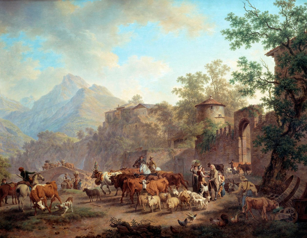 Wyjazd stad w góry Debiut transhumancji. Obraz Pierre Louis Larive (de la Rive) Godefroy (1735-1817) 1813 Geneve, Muzeum Sztuki i Historii autorstwa Pierre Louis de La Rive