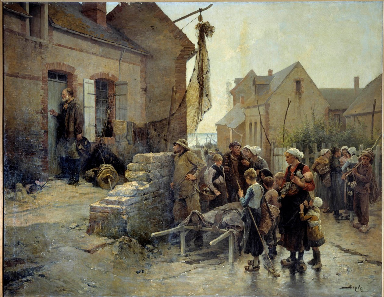 Powrót z Tempete Marynarz puka do drzwi grzesznicy, która zginęła w tempete, aby przekazać jej wiadomość. Obraz Pierre