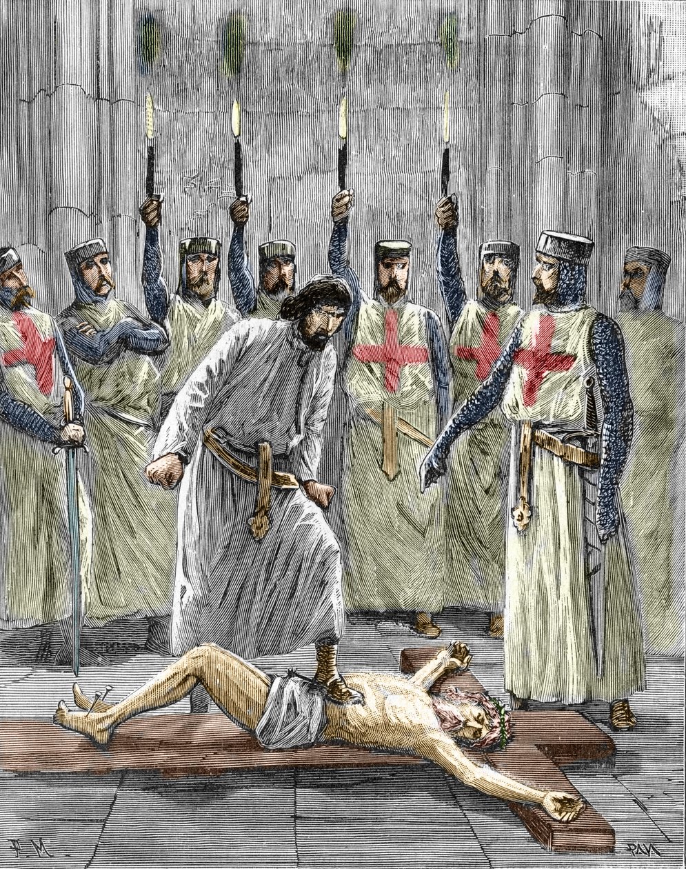 Herezja templariuszy: przedstawienie ceremonii wstąpienia rycerza do zakonu świątynnego, templariuszy, zgodnie z zeznaniami opublikowanymi po ich aresztowaniu i procesie w 1307 r., zmuszonych do zaparcia się Chrystusa i podeptania krzyża podczas autorstwa Pierre Mejanel