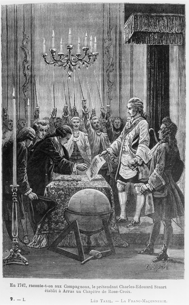 Towarzysze mówią, że w 1747 r. pretendent Charles-Edward Stuart (1720-1788) założył w Arras Kapitułę Różokrzyża, ilustracja z „Wolnomularstwa” Leo Taxila (bw p autorstwa Pierre Mejanel