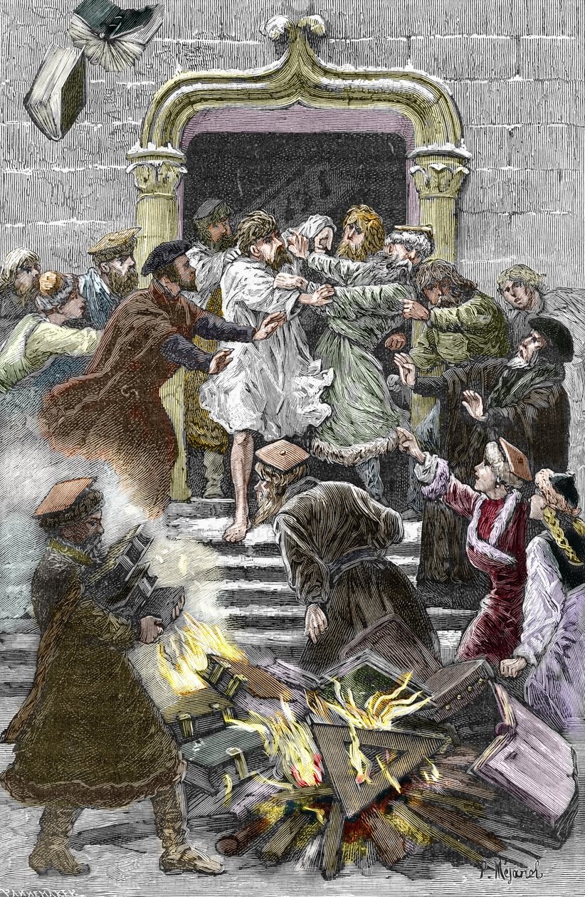 Socynianizm i Małopolski Kościół: mieszkańcy Krakowa palą na placu publicznym dzieła Fausta Socinusa (1539-1604) zobowiązując go do udziału w autodafe w 1598 r. (Socynianizm i bracia polscy: spalenie autorstwa Pierre Mejanel