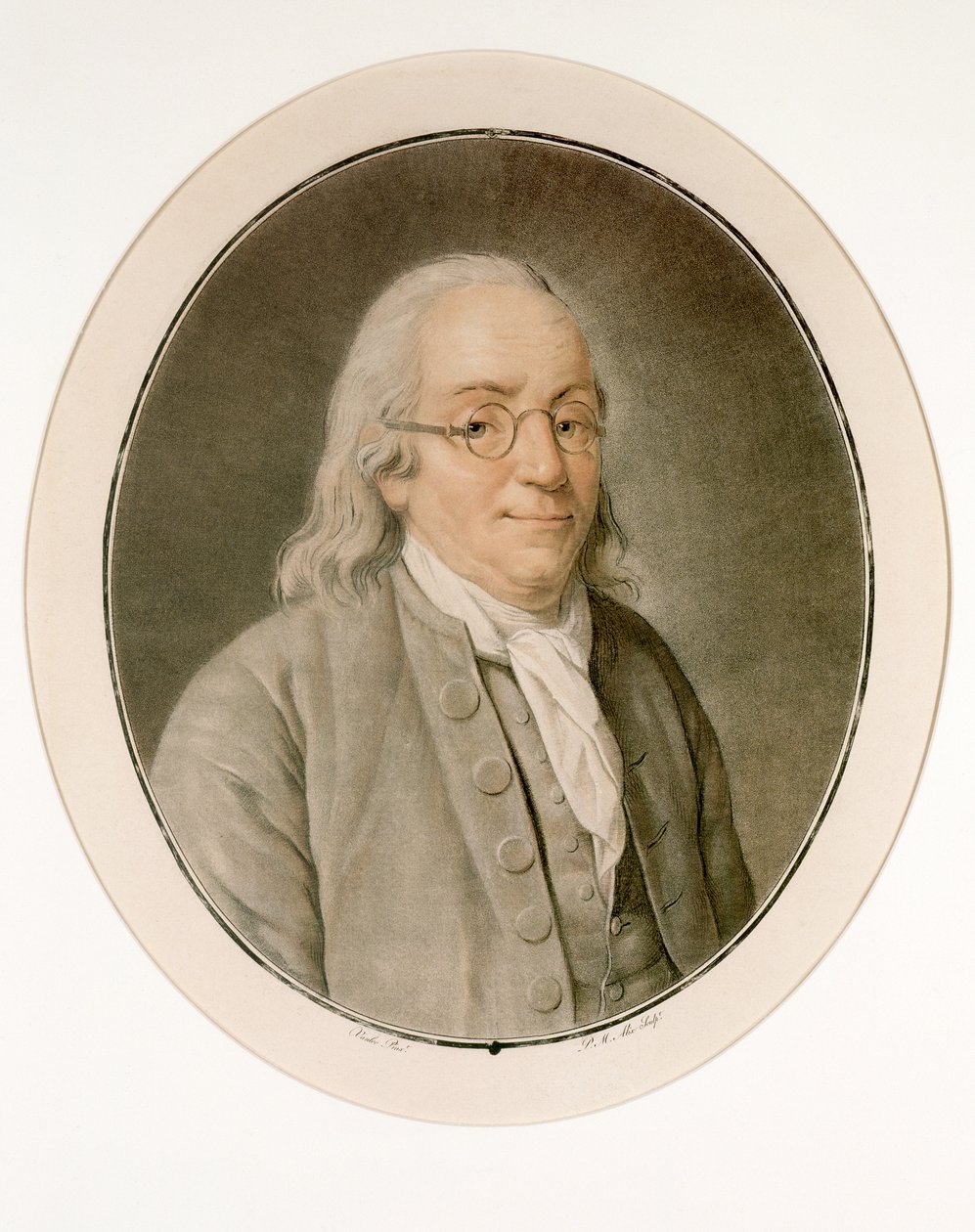 Portret Benjamina Franklina w okularach autorstwa Pierre Michel Alix