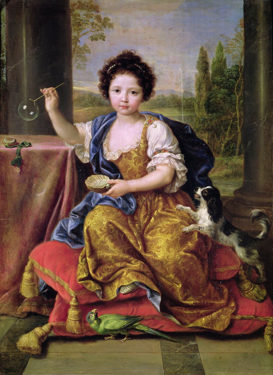 Marie-Anne de Bourbon (1666-1739) Mademoiselle de Blois, Dmuchanie baniek mydlanych (olej na płótnie) autorstwa Pierre Mignard