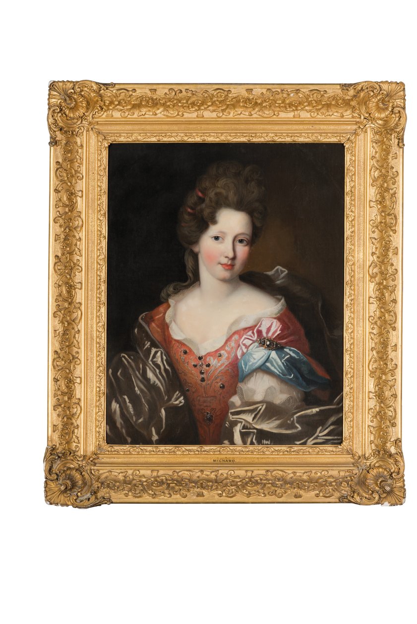 Portret Madame Valentinous, do połowy długości, w czerwonej haftowanej sukience z niebiesko-szarą chustą autorstwa Pierre Mignard