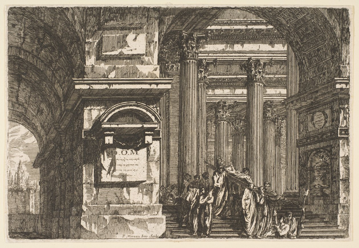 Scena pogrzebowa w świątyni, ca. 1760. autorstwa Pierre Moreau