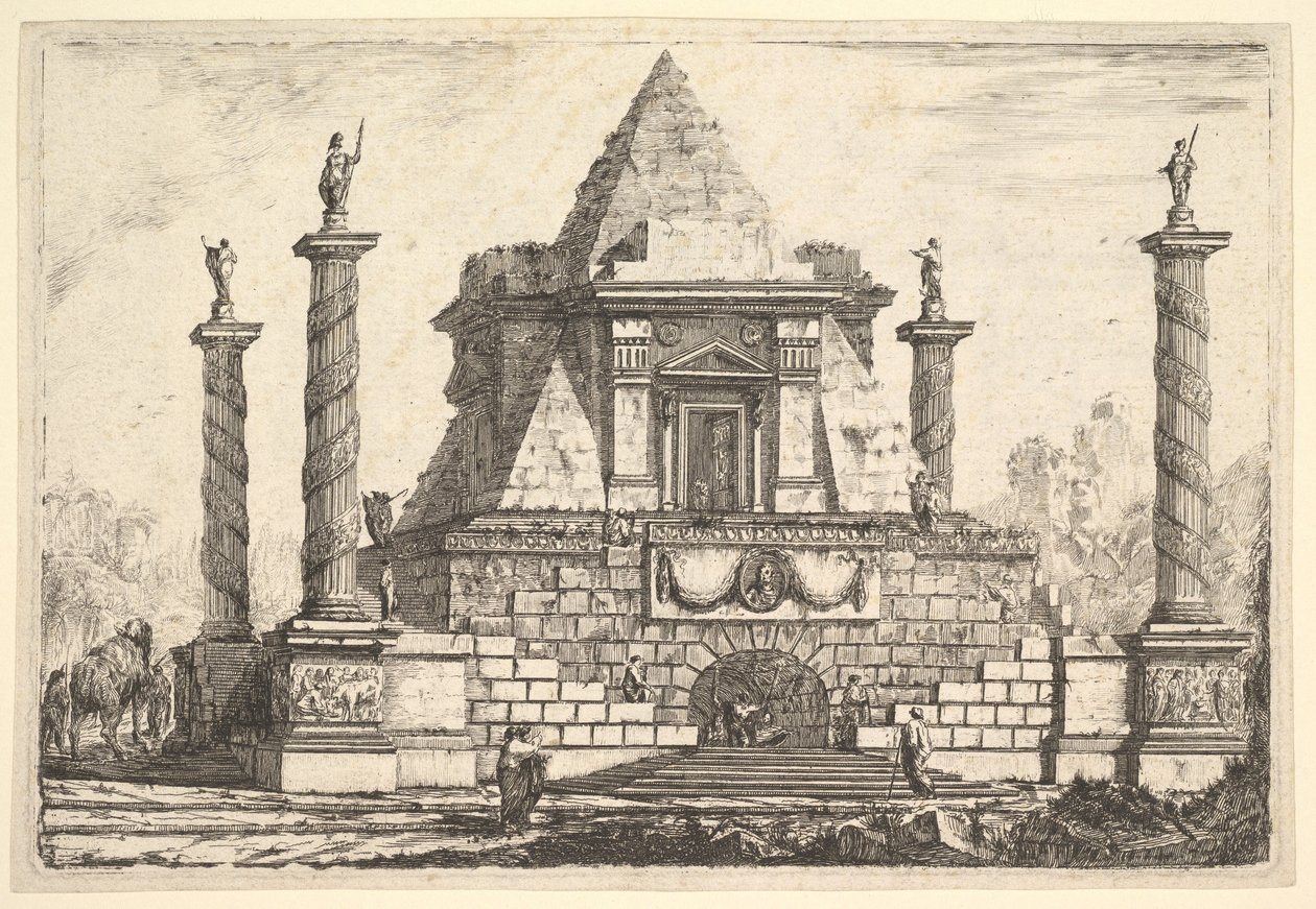 Wyimaginowana architektura z wielbłądem i figurami, według Della Bella, XVIII wiek. autorstwa Pierre Moreau