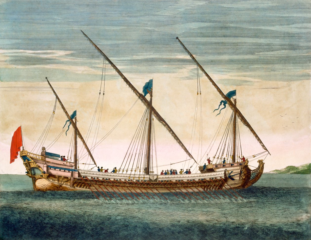 Trzymasztowy Galleass w drodze na wiosło, z Le Naptune Francois, ok. 1693-1700 (ręcznie barwiony grawerunek) autorstwa Pierre Mortier