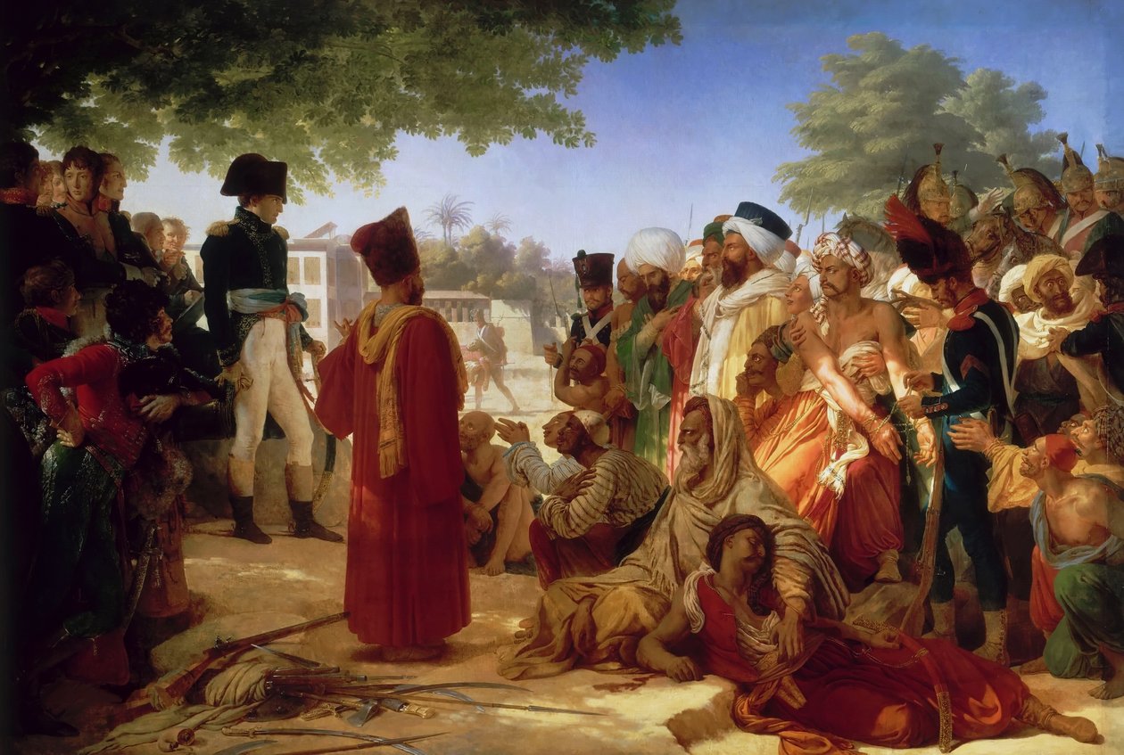 Francuski:  Bonaparte fait grace aux revolutes du Caire 23. Październik 1798 r. Napoleon Bonaparte ułaskawia buntowników w Kairze, 23 października 1798 r. autorstwa Pierre Narcisse Guerin