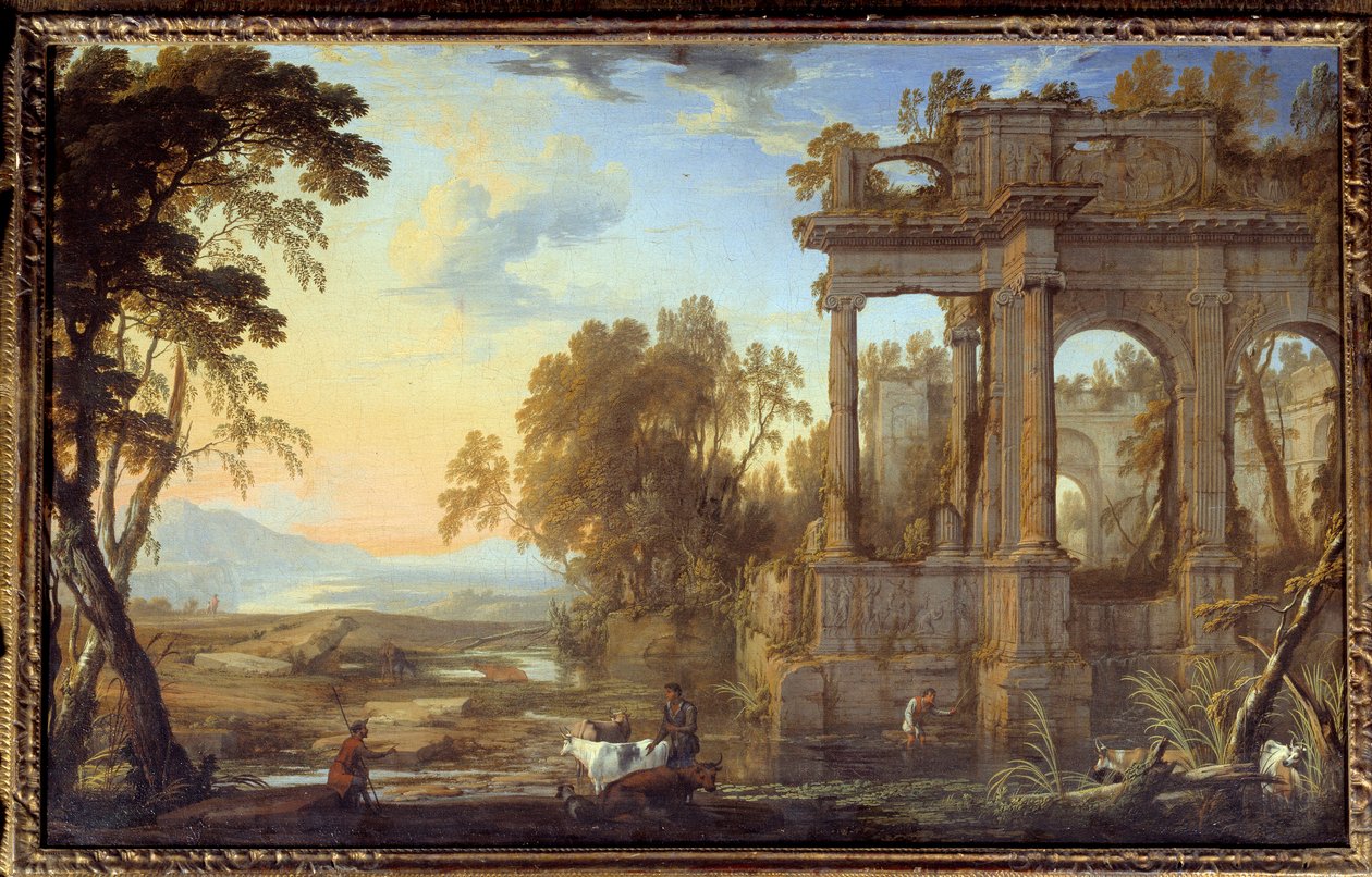 Pejzaż z ruinami i pastorami Obraz Pierre Patel the Pere (1605-1676) XVII-wieczne słońce. 0,53x0,83 m² autorstwa Pierre Patel