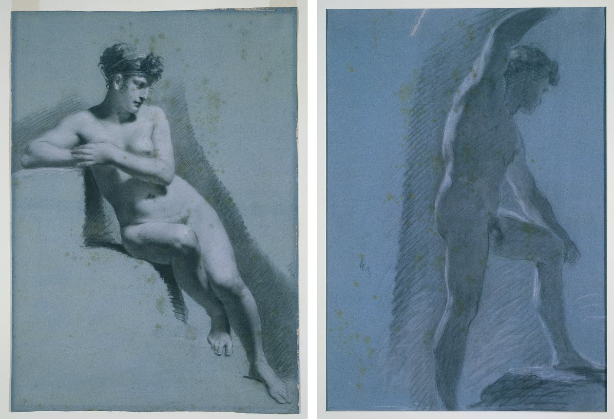 Studium nagiej kobiety siedzącej patrzącej w prawo (recto) Studium aktu męskiego (verso) autorstwa Pierre Paul Prud