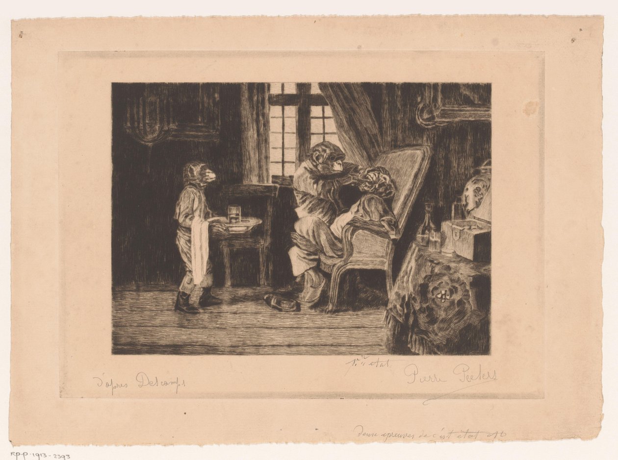 Satyryczne przedstawienie małp jako dentysty, asystenta i pacjenta autorstwa Pierre Peeters (signed by artist)