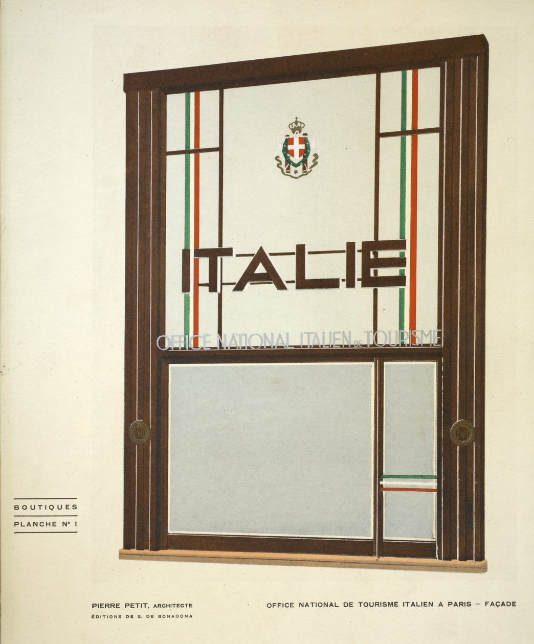 Office National de Tourisme Italien A Paris, Pierre Petit, Boutiques, Henry Delacroix, Editions S De Bonadona, Paryż, późne lata dwudzieste, druk Pochoir autorstwa Pierre Petit