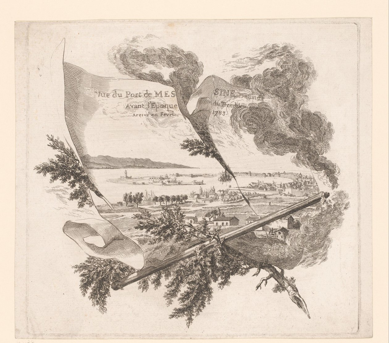 Zicht op de haven van Messina Widok portu w Mesynie narysowany przed trzęsieniem ziemi w lutym 1783 r. (tytuł na obiekcie) autorstwa Pierre Philippe Choffard (attributed to)