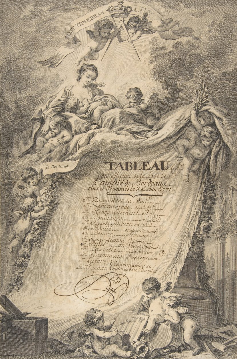 Dyplom dla masonów z Bordeaux, według François Bouchera, 1766. autorstwa Pierre Philippe Choffard