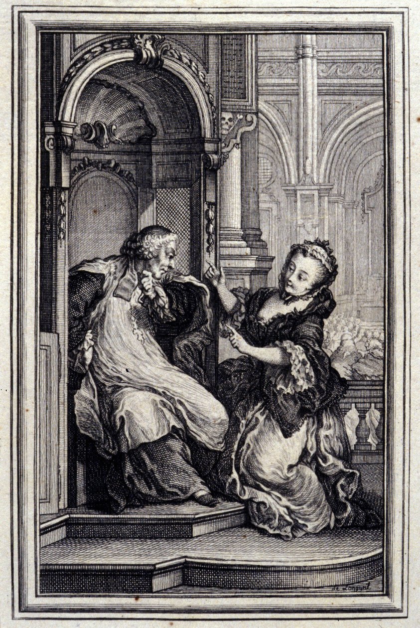 Spowiednik Le Mari - w „”Opowieściach i opowiadaniach wierszem”” Jean La Fontaine. 1776. Ilustracja P.P. Choffarda. autorstwa Pierre Philippe Choffard