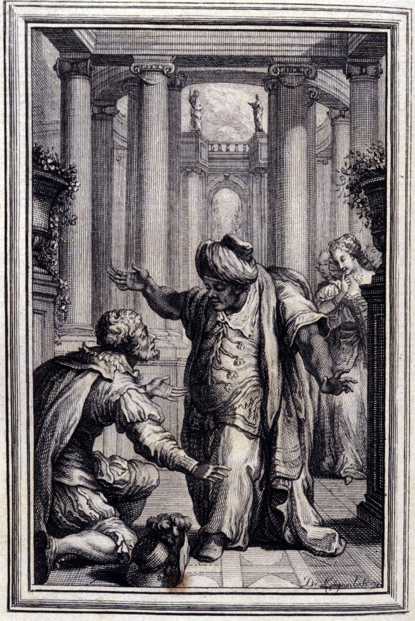 Mały pies, który przeczesuje pieniądze i kamienie - w „”Opowieściach i opowiadaniach wierszem”” Jean La Fontaine. 1776. Ilustracja P.P. Choffarda. autorstwa Pierre Philippe Choffard